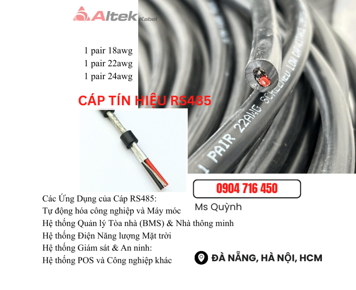 Cáp solar RS485 1 Pair 24awg, 22awg, 18awg Altek Kabel Đà Nẵng, Hà Nội, Sài Gòn