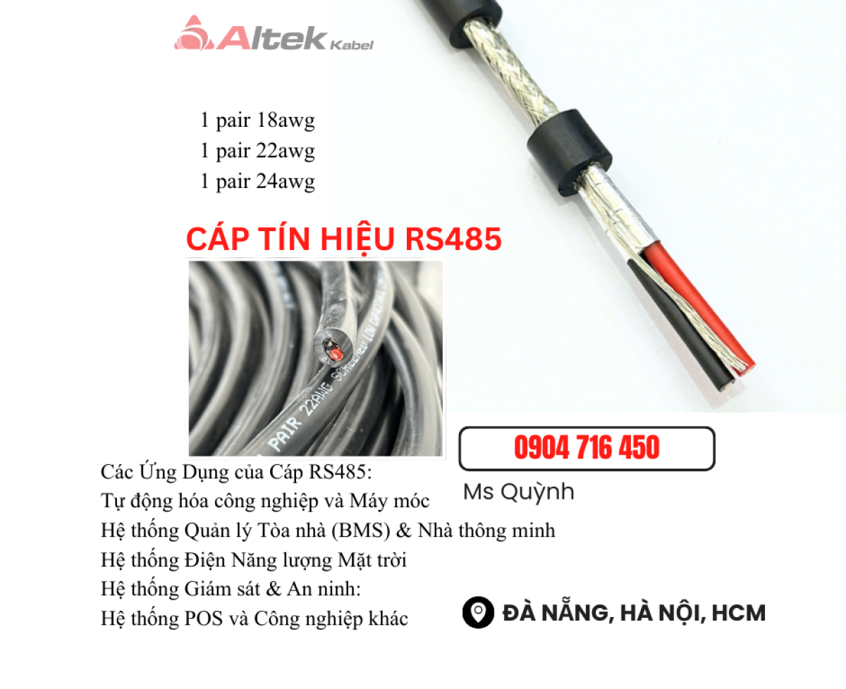 Cáp solar RS485 1 Pair 24awg, 22awg, 18awg Altek Kabel Đà Nẵng, Hà Nội, Sài Gòn