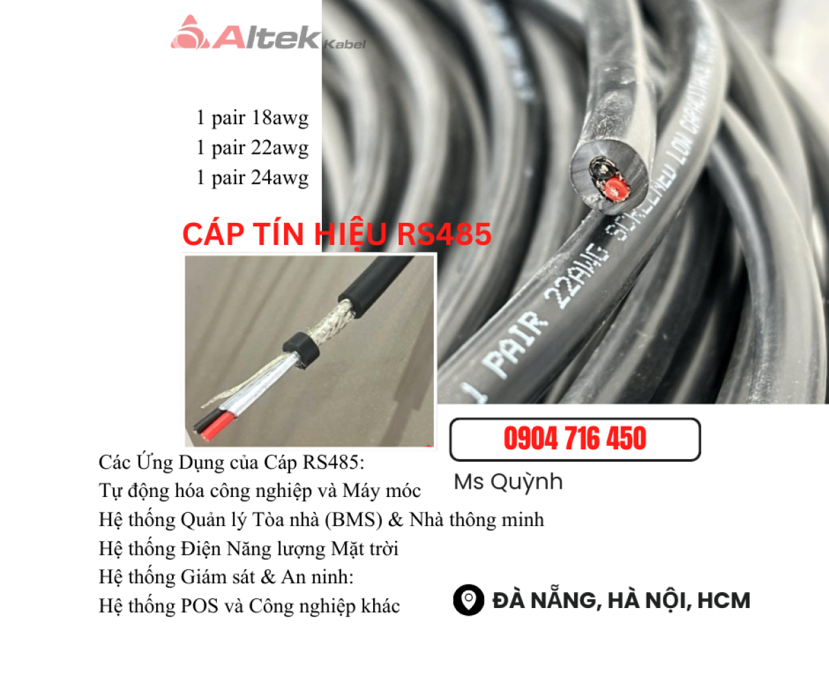 Cáp solar RS485 1 Pair 24awg, 22awg, 18awg Altek Kabel Đà Nẵng, Hà Nội, Sài Gòn