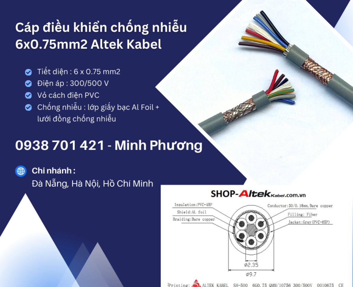 Dây cáp điện chống nhiễu Altek Kabel 6x0.75mm2 Hải Phòng, Ninh Thuận, Nha Trang