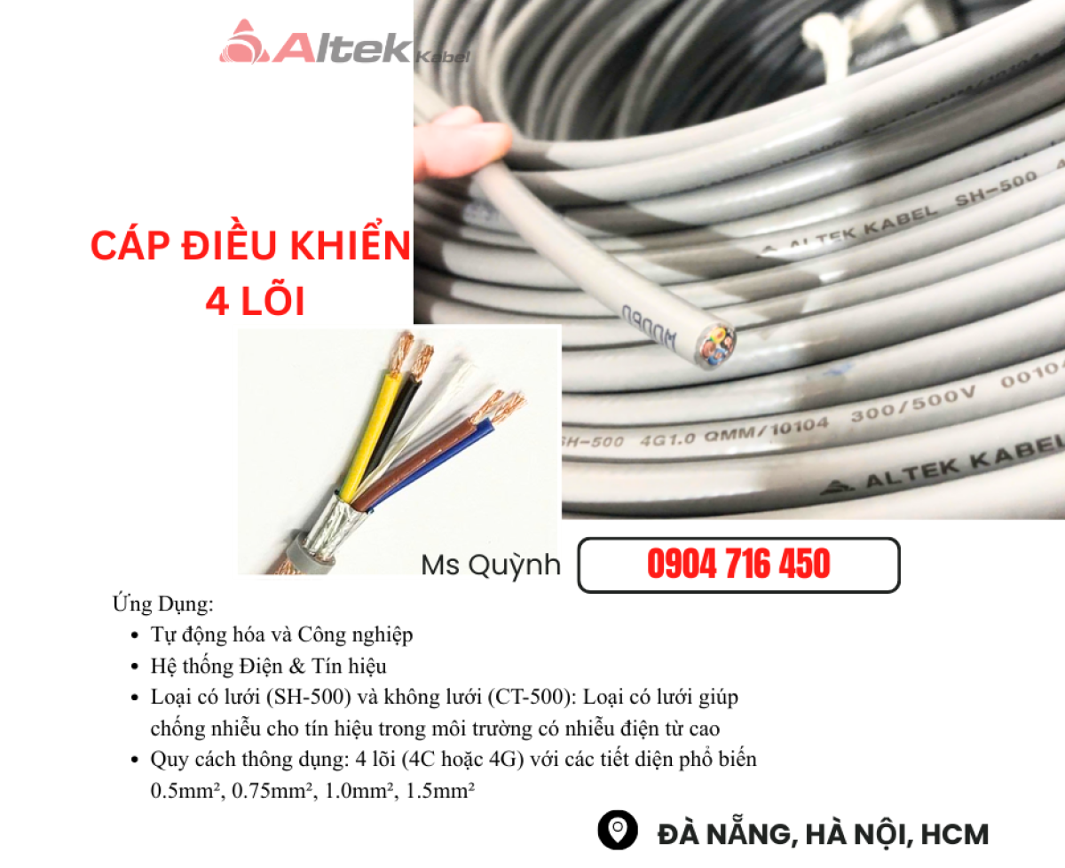 Cáp điều khiển 4c 4 lõi Altek Kabel Đà Nẵng, Hà Nội, Huế, Tam kỳ, Gia Lai