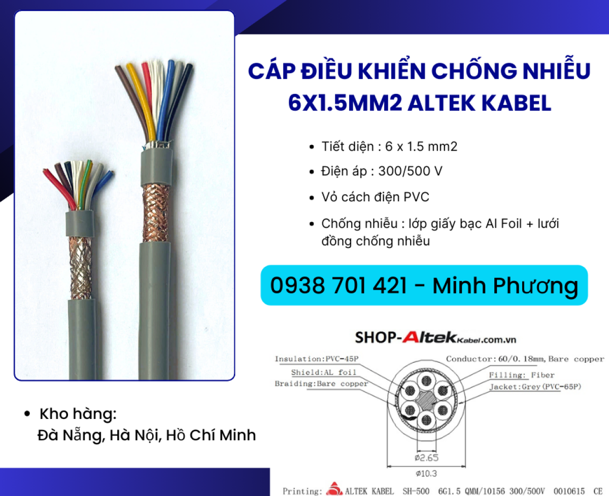 Cáp điều khiển có lớp chống nhiễu 6x1.5mm2 Altek Kabel Phú Yên, Gia Lai, Huế