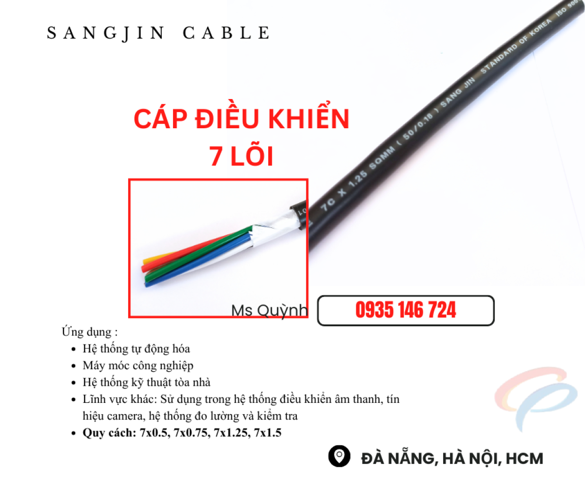 Cáp sangjin 7x0.5, 7x0.75, 7x1.25, 7x1.5 Sài Gòn, hồ Chí Minh, Bình Dương
