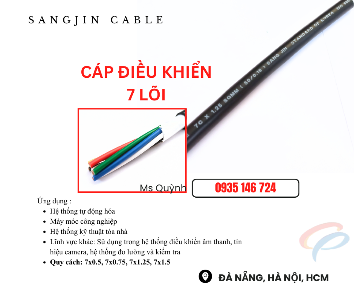 Cáp sangjin 7x0.5, 7x0.75, 7x1.25, 7x1.5 Sài Gòn, hồ Chí Minh, Bình Dương