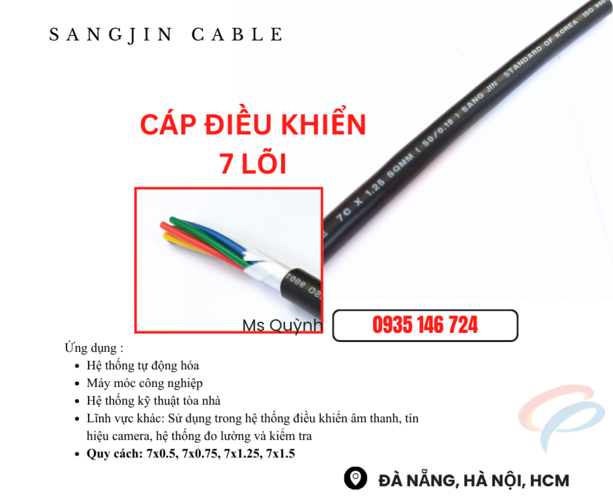 Cáp sangjin 7x0.5, 7x0.75, 7x1.25, 7x1.5 Sài Gòn, hồ Chí Minh, Bình Dương