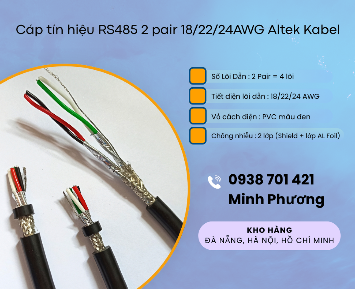 Cáp tín hiệu chống nhiễu RS485 2 pair 18/22/24AWG hàng sẵn, giá tốt, giao toàn quốc