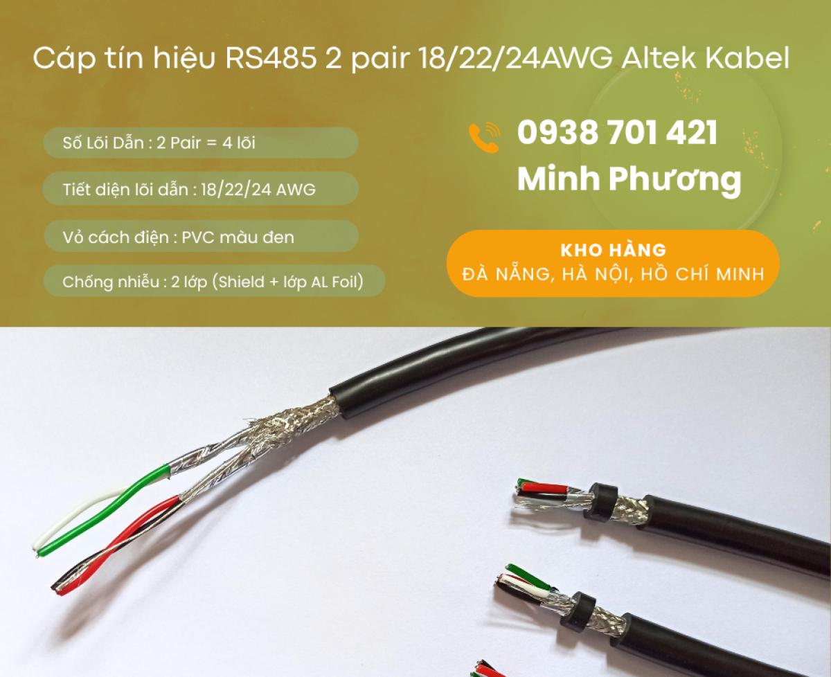 Cáp tín hiệu chống nhiễu RS485 2 pair 18/22/24AWG hàng sẵn, giá tốt, giao toàn quốc