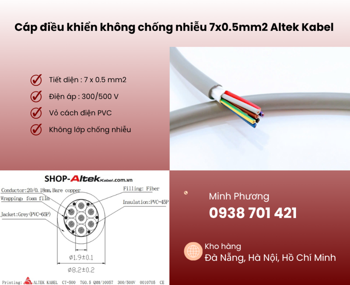 Dây cáp điều khiển không lưới chống nhiễu 7x0.5mm2 phân phối Huế, Đà Nẵng, Hà Tĩnh
