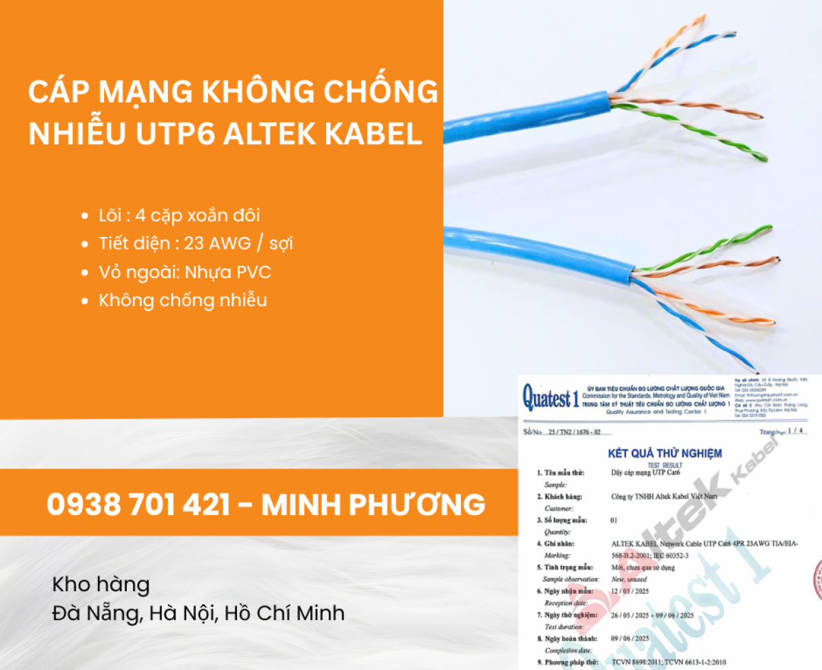 Cáp mạng không chống nhiễu UTP6 Altek Kabel – Gía tốt, hàng sẵn kho, giao toàn quốc