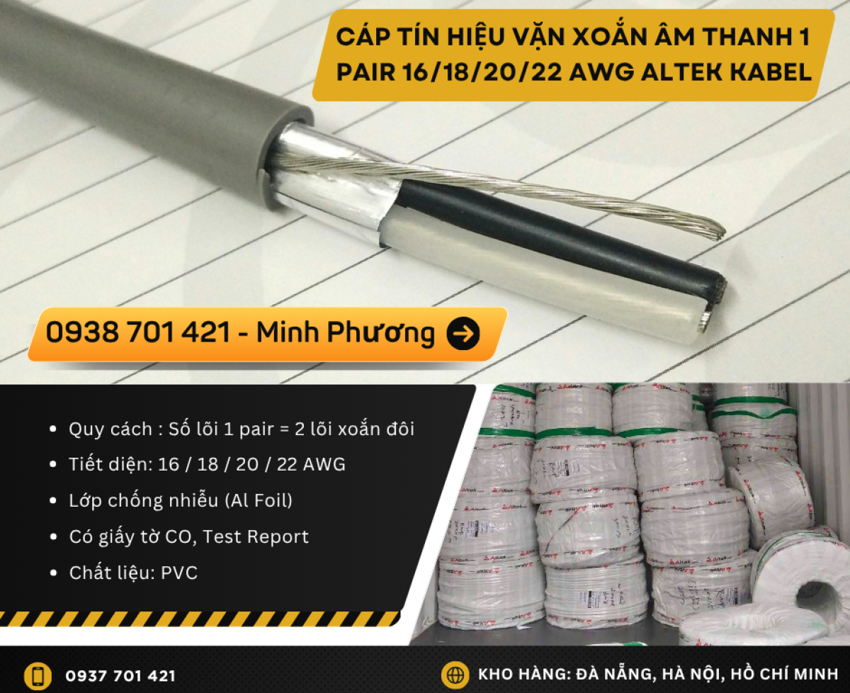 Cáp tín hiệu vặn xoắn âm thanh 1 pair 16/18/20/22 AWG phân phối Đà Nẵng, Huế