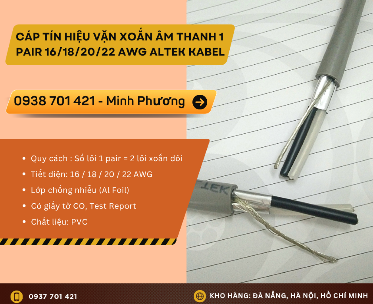 Cáp tín hiệu vặn xoắn âm thanh 1 pair 16/18/20/22 AWG phân phối Đà Nẵng, Huế