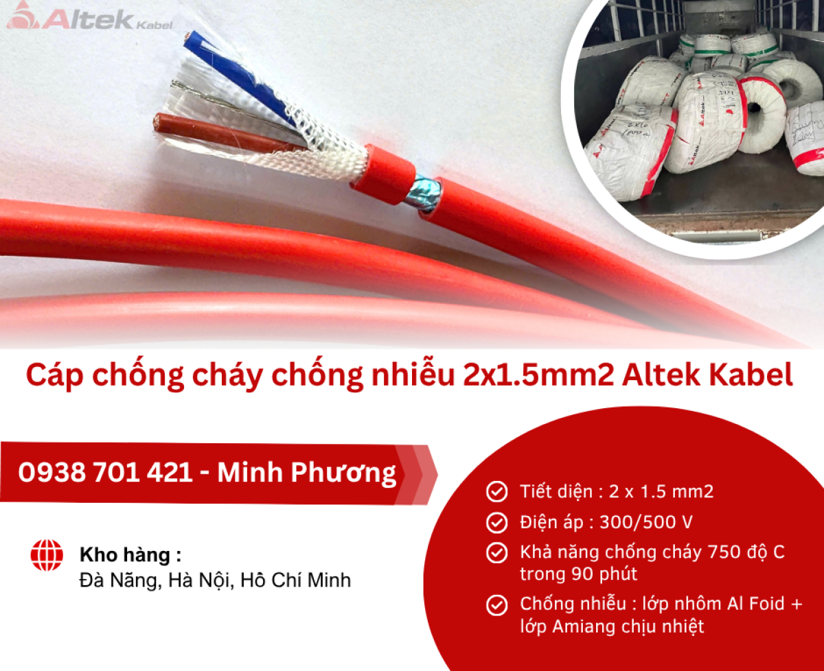 Cáp chống cháy chống nhiễu 2x1.5mm2 Altek Kabel phân phối Đà Nẵng, Quảng Ngãi