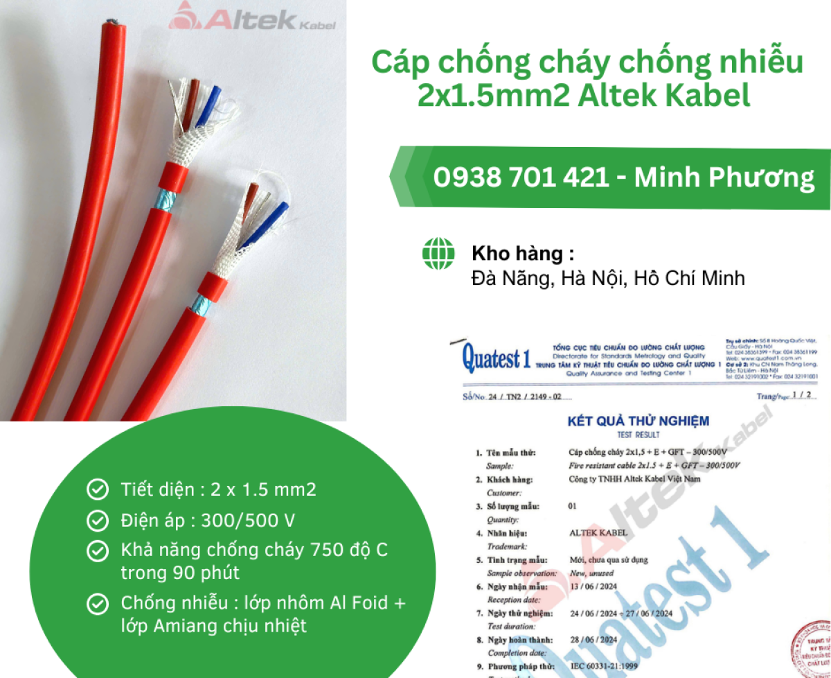 Cáp chống cháy chống nhiễu 2x1.5mm2 Altek Kabel phân phối Đà Nẵng, Quảng Ngãi