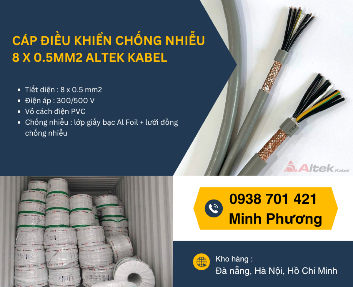 Dây cáp điều khiển có lưới chống nhiễu 8x0.5mm2 giá tốt Đà Nẵng, Nghệ An, Huế