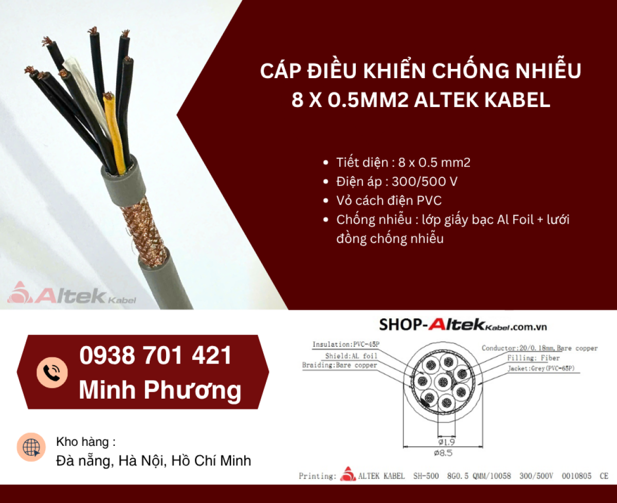 Dây cáp điều khiển có lưới chống nhiễu 8x0.5mm2 giá tốt Đà Nẵng, Nghệ An, Huế