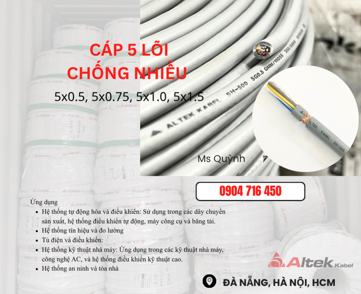 Cáp điều khiển Altek Kabel 5x0.5,5x0.75,5x1.0,5x1.5 DVV Đà Nẵng, Hà Nội, Hà Tĩnh, Bắc Giang, Bắc Ninh, Vĩnh Phúc, Huế