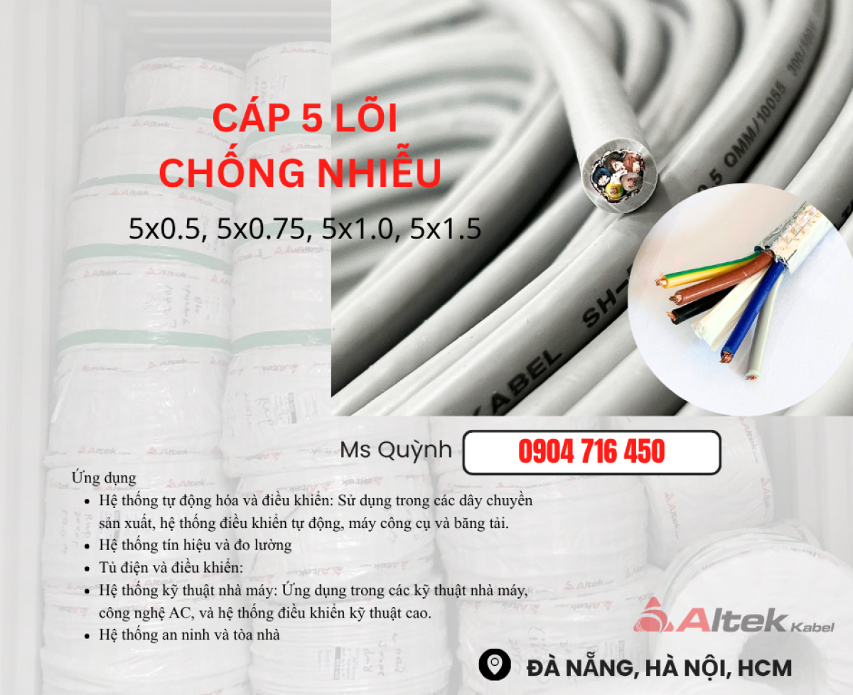 Cáp điều khiển Altek Kabel 5x0.5,5x0.75,5x1.0,5x1.5 DVV Đà Nẵng, Hà Nội, Hà Tĩnh, Bắc Giang, Bắc Ninh, Vĩnh Phúc, Huế
