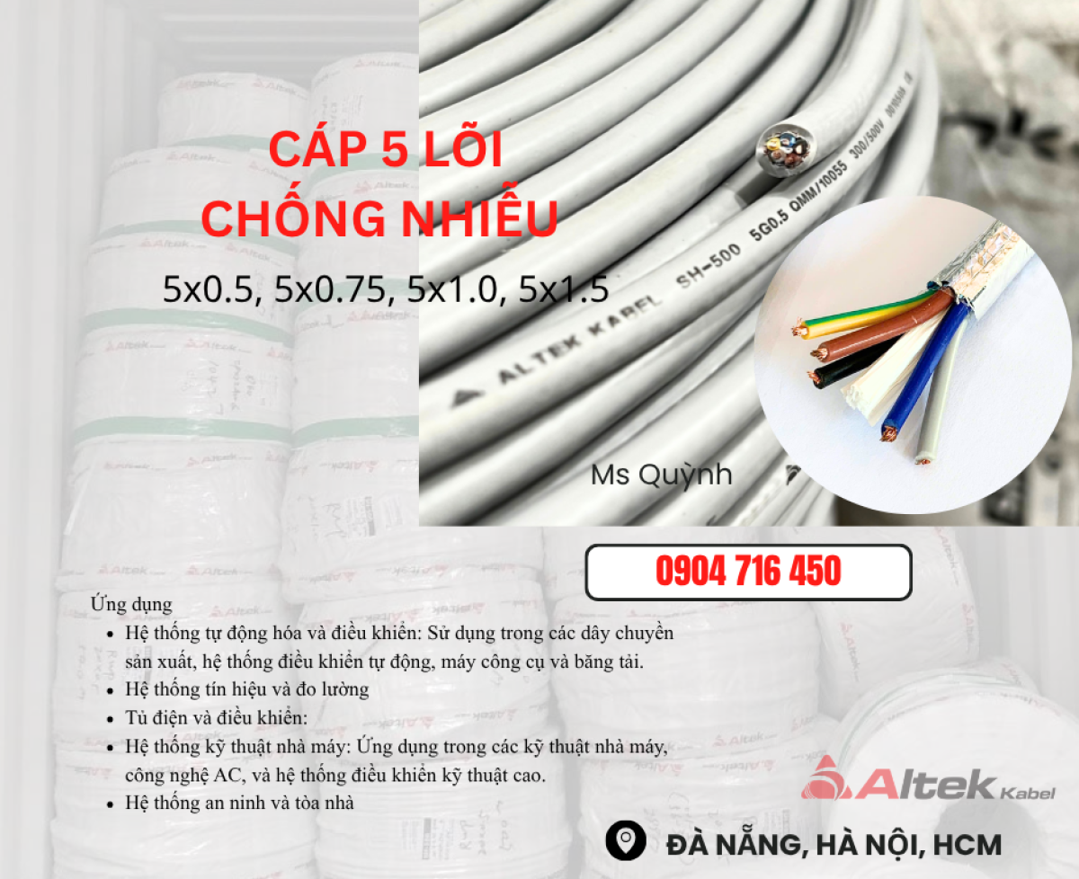 Cáp điều khiển Altek Kabel 5x0.5,5x0.75,5x1.0,5x1.5 DVV Đà Nẵng, Hà Nội, Hà Tĩnh, Bắc Giang, Bắc Ninh, Vĩnh Phúc, Huế