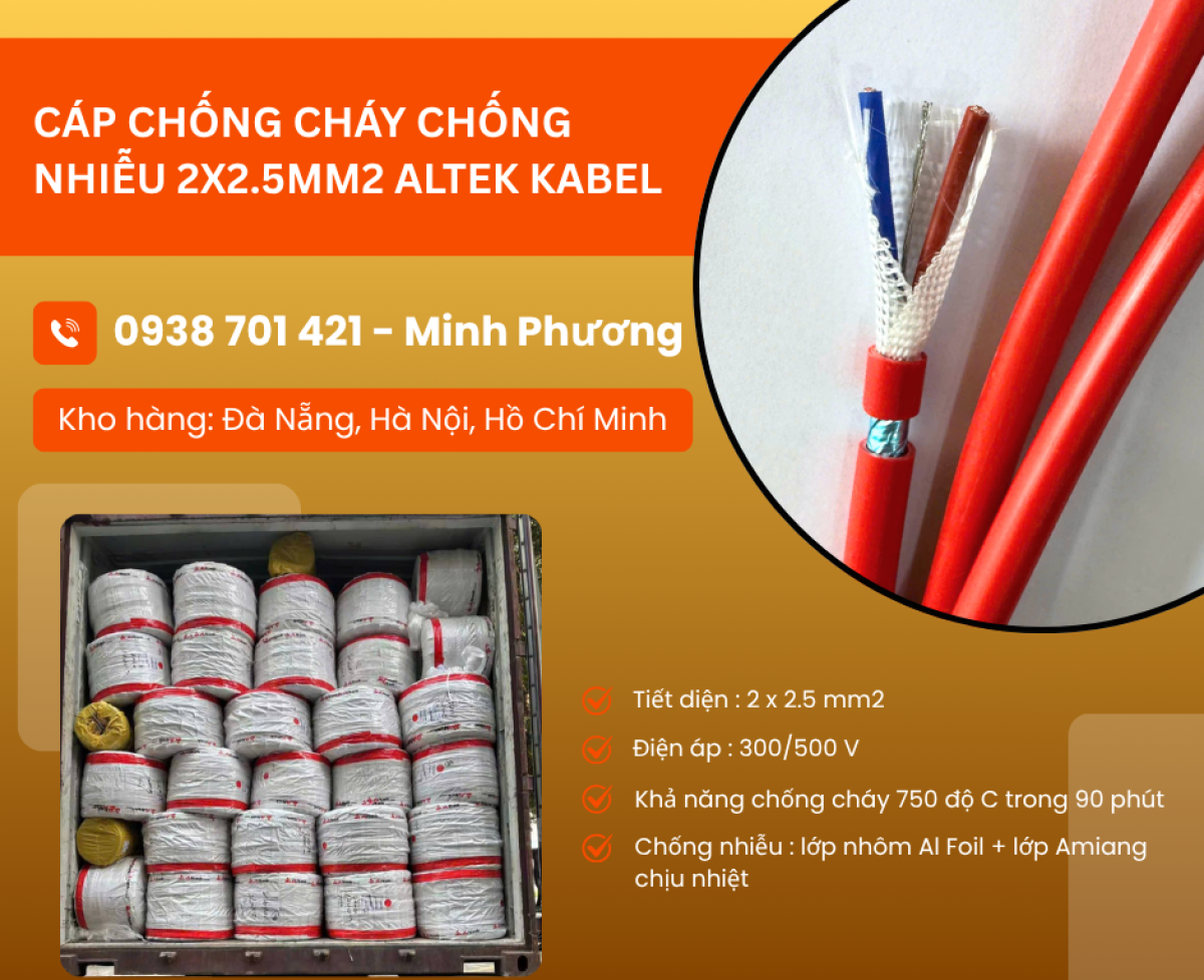 Cáp chống cháy chống nhiễu 2 lõi 2.5mm2 có sẵn Đà Nẵng, Bình Định, Quảng Trị