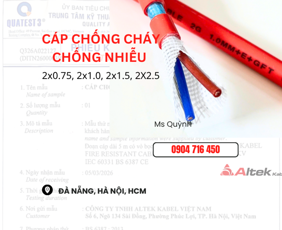 Cáp Chống Cháy , Báo Cháy 2x0.75, 2x1.0, 2x1.5, 2x2.5 Altek Kabel Đà Năng, Hà Giang, Hà Nam, Huế, Tam Kỳ, Sài Gòn, Bỉnh Phước, Bình Dương