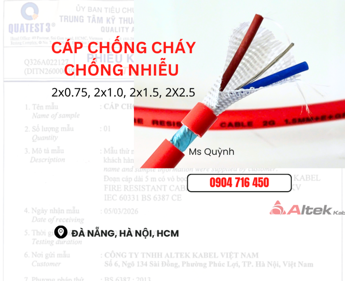Cáp Chống Cháy , Báo Cháy 2x0.75, 2x1.0, 2x1.5, 2x2.5 Altek Kabel Đà Năng, Hà Giang, Hà Nam, Huế, Tam Kỳ, Sài Gòn, Bỉnh Phước, Bình Dương