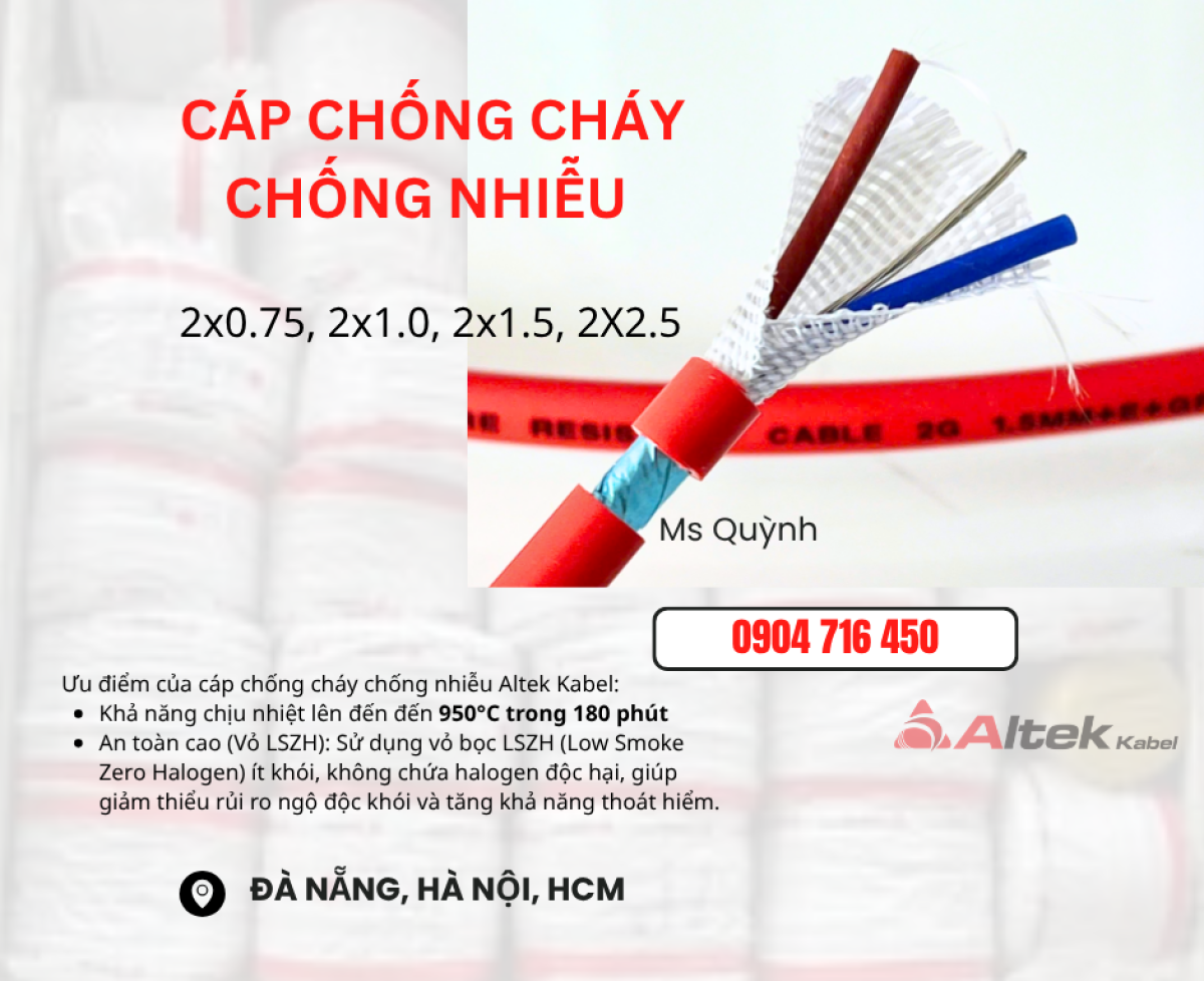 Cáp Chống Cháy , Báo Cháy 2x0.75, 2x1.0, 2x1.5, 2x2.5 Altek Kabel Đà Năng, Hà Giang, Hà Nam, Huế, Tam Kỳ, Sài Gòn, Bỉnh Phước, Bình Dương