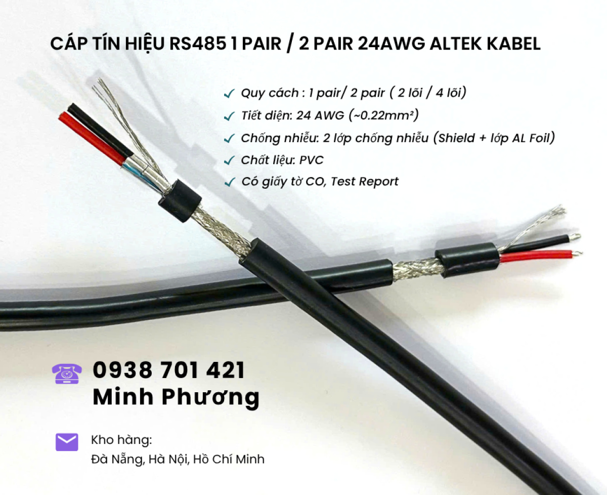 Cáp RS485 chống nhiễu 1pair/2pair 24AWG – Có sẵn kho Đà Nẵng, Hà Nội, Hồ Chí Minh