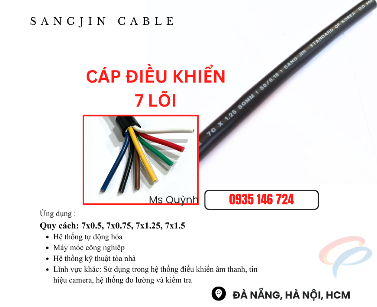 Cáp cvvs 7x0.5, 7x0.75, 7x1.25, 7x1.5 sangjin Sài Gòn, Đồng Tháp, Sóc Trăng, Long An, Lâm Đồng