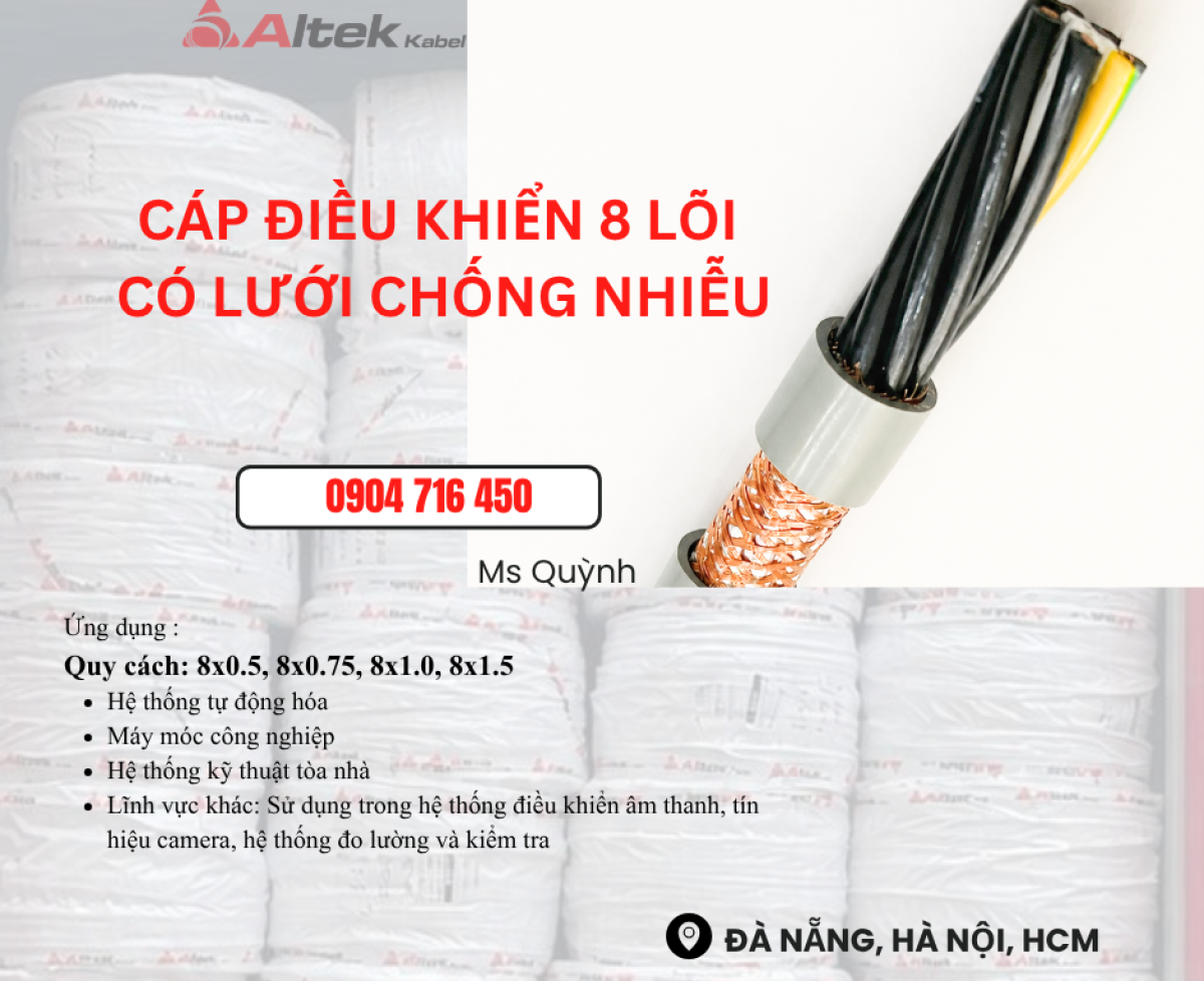 Cáp tín hiệu Altek Kabel 8x0.5, 8x0.75, 8x1.0, 8x1.5mm2 Đà Nẵng, Sài Hòn, Hà Nội, Huế, Tam kỳ