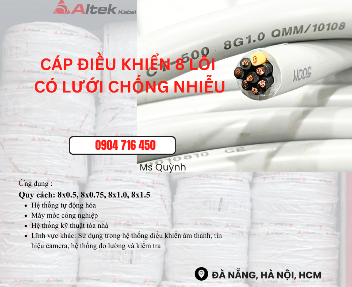 Cáp tín hiệu Altek Kabel 8x0.5, 8x0.75, 8x1.0, 8x1.5mm2 Đà Nẵng, Sài Hòn, Hà Nội, Huế, Tam kỳ