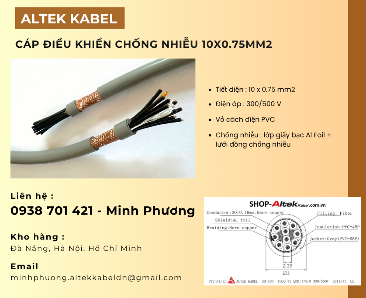 Cáp điều khiển chống nhiễu 10x0.75mm2 dùng cho công trình Huế, Gia Lai, Hà Nội
