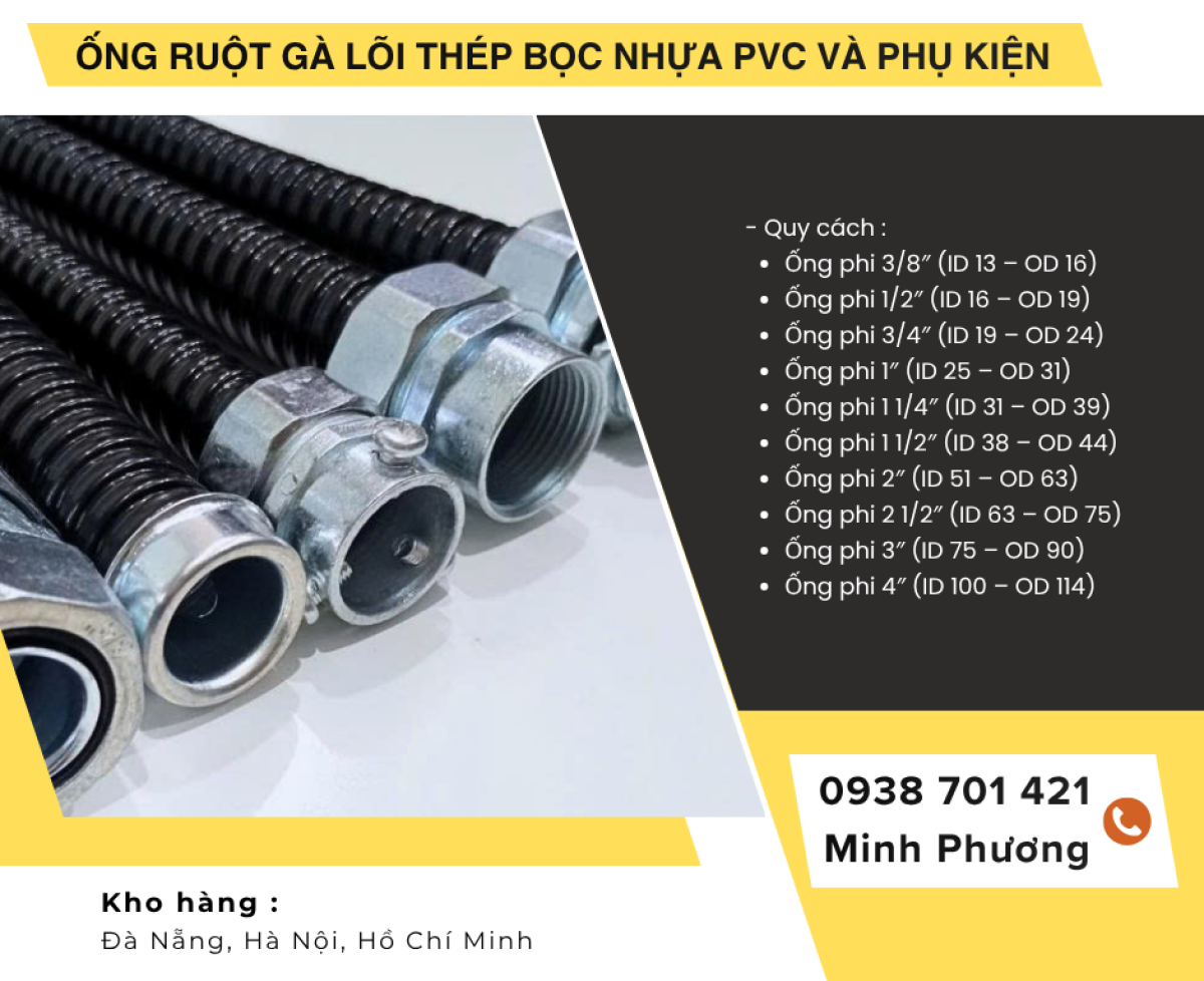 Ống Ruột Gà Lõi Thép Bọc Nhựa PVC Và phụ kiện ống kẽm giá tốt sẵn kho Đà Nẵng