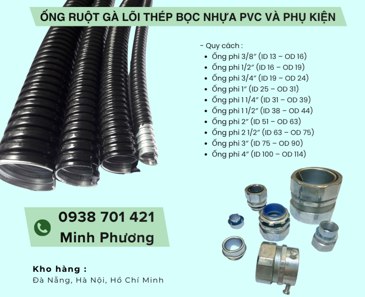 Ống Ruột Gà Lõi Thép Bọc Nhựa PVC Và phụ kiện ống kẽm giá tốt sẵn kho Đà Nẵng