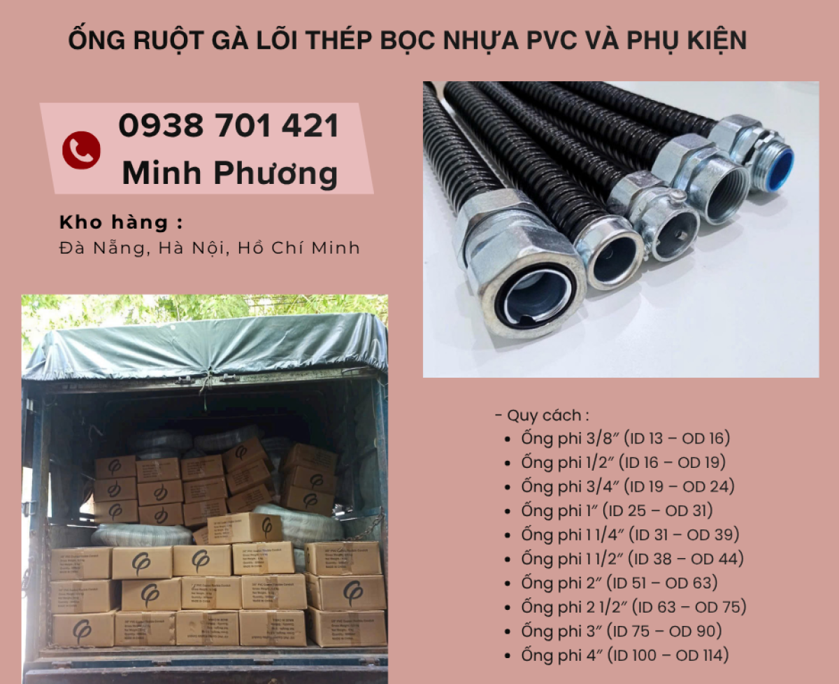 Ống Ruột Gà Lõi Thép Bọc Nhựa PVC Và phụ kiện ống kẽm giá tốt sẵn kho Đà Nẵng