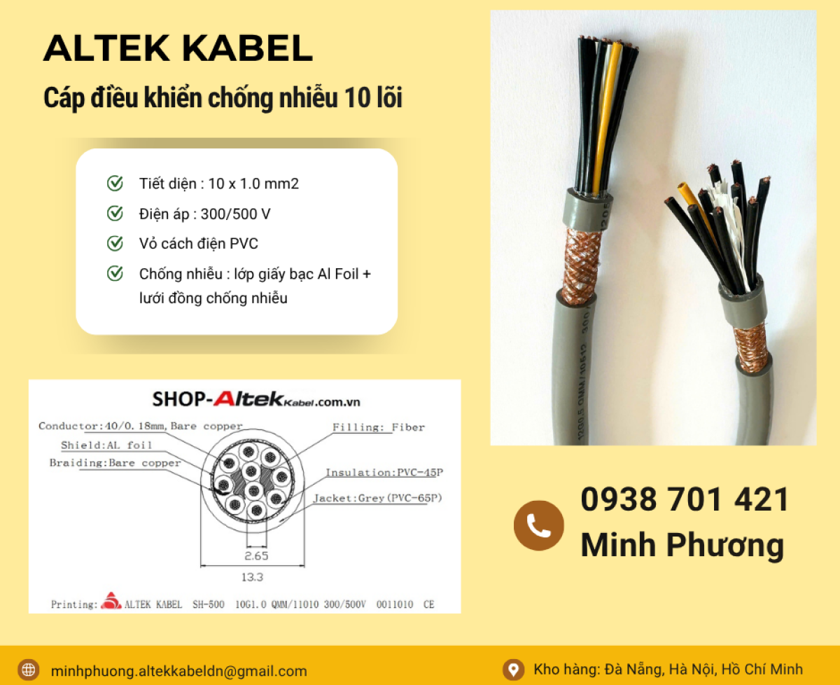 Báo giá cáp điều khiển chống nhiễu 10x1.0mm2 tại Gia Lai, Đà Nẵng, Quảng Ngãi