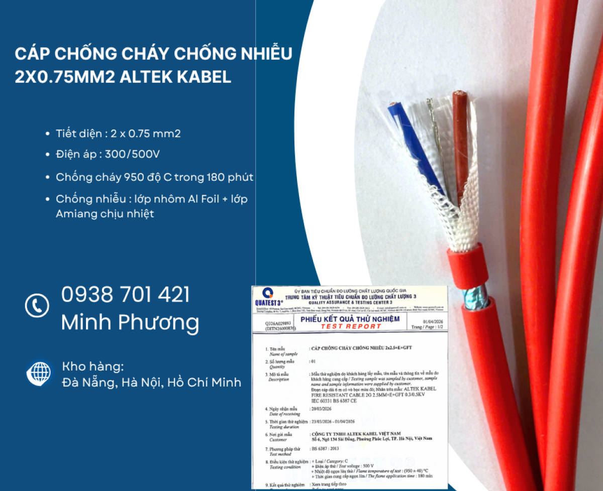 Cáp chống cháy chống nhiễu 2x0.75mm2 giao nhanh toàn quốc Đà Nẵng, Huế
