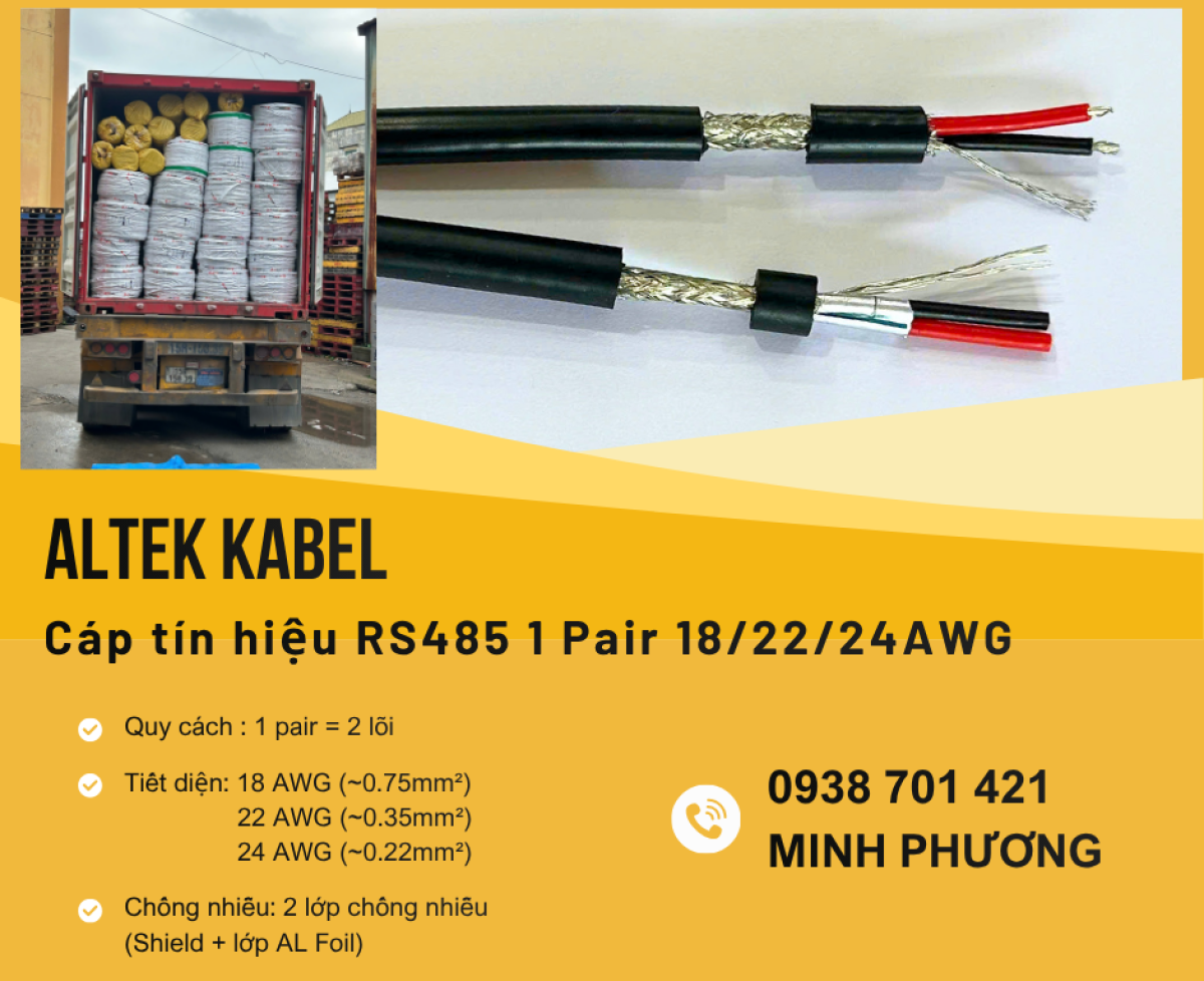 Cáp RS485 chống nhiễu 1 Pair 18/22/24AWG chính hãng Đồng Nai, Bình Dương, BR-VT