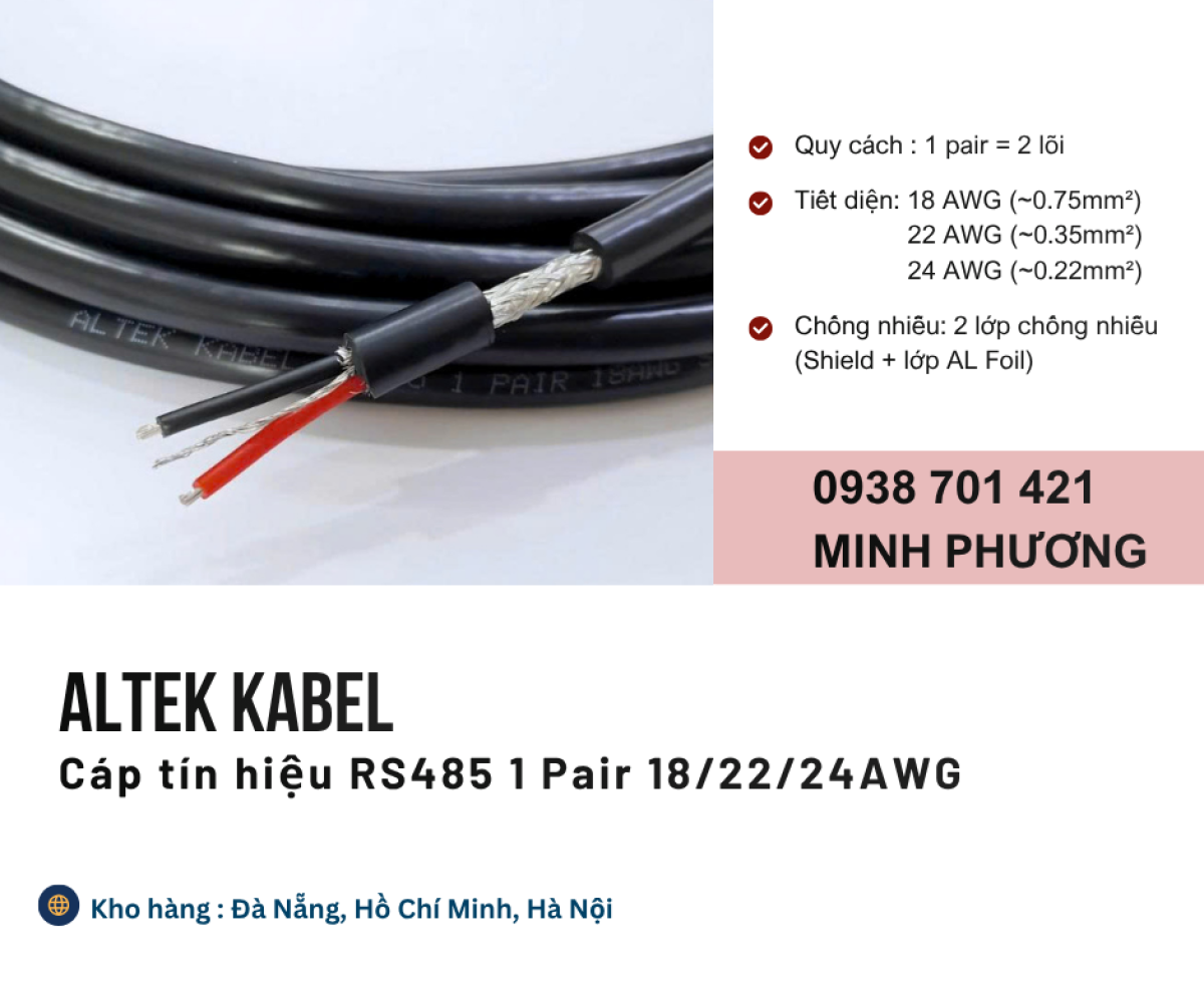 Cáp RS485 chống nhiễu 1 Pair 18/22/24AWG chính hãng Đồng Nai, Bình Dương, BR-VT