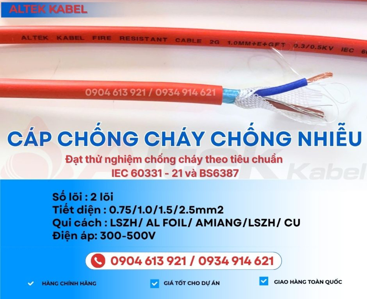 Dây cáp tín hiệu chống cháy, chống nhiễu 2x1.0mm2/2x1.5mm2 Altek Kabel - Hà Nội, Đà Nẵng, HCM