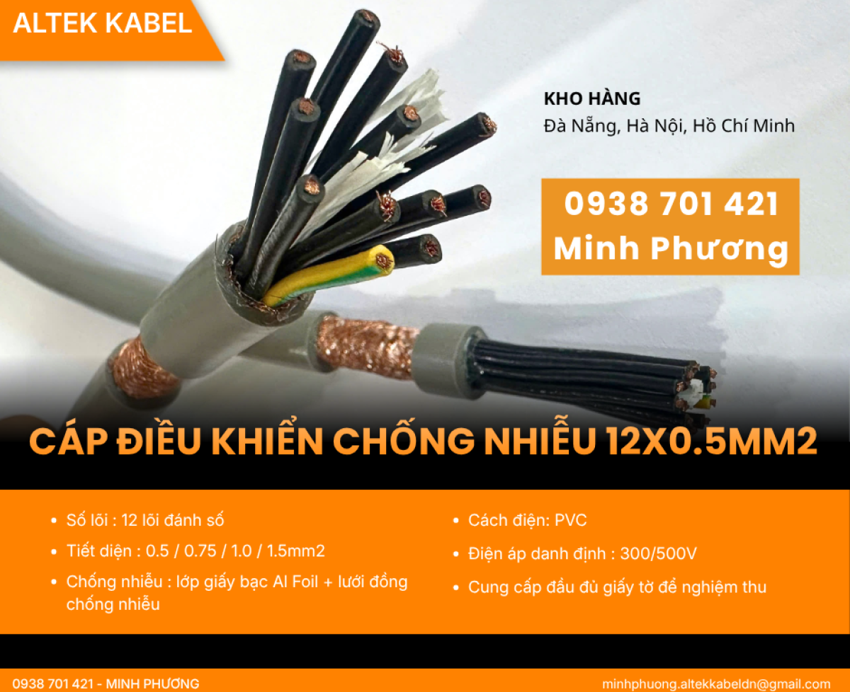 Cáp điều khiển 12x0.5mm2 chống nhiễu chính hãng, giá tốt Đà Nẵng, Huế, Gia Lai