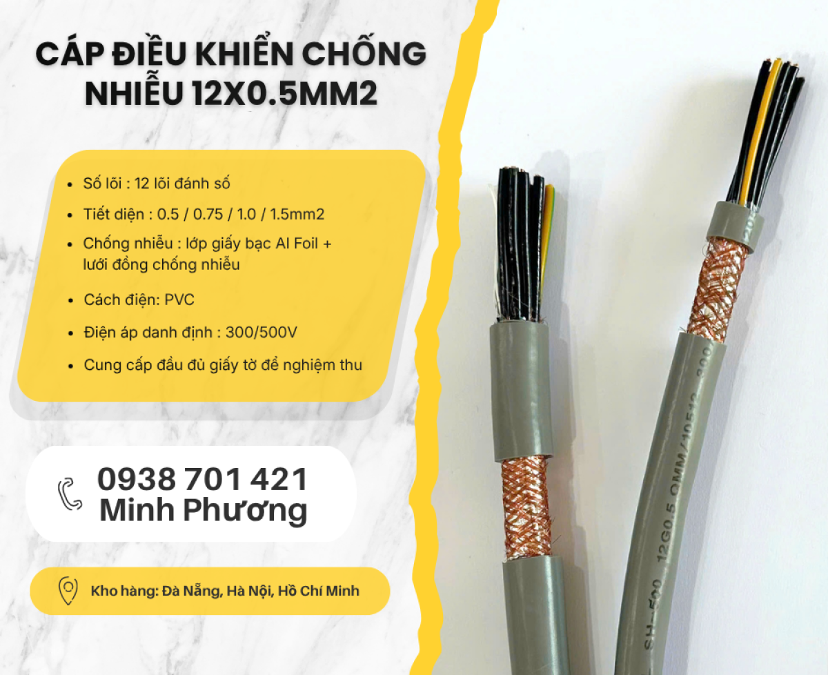 Cáp điều khiển 12x0.5mm2 chống nhiễu chính hãng, giá tốt Đà Nẵng, Huế, Gia Lai