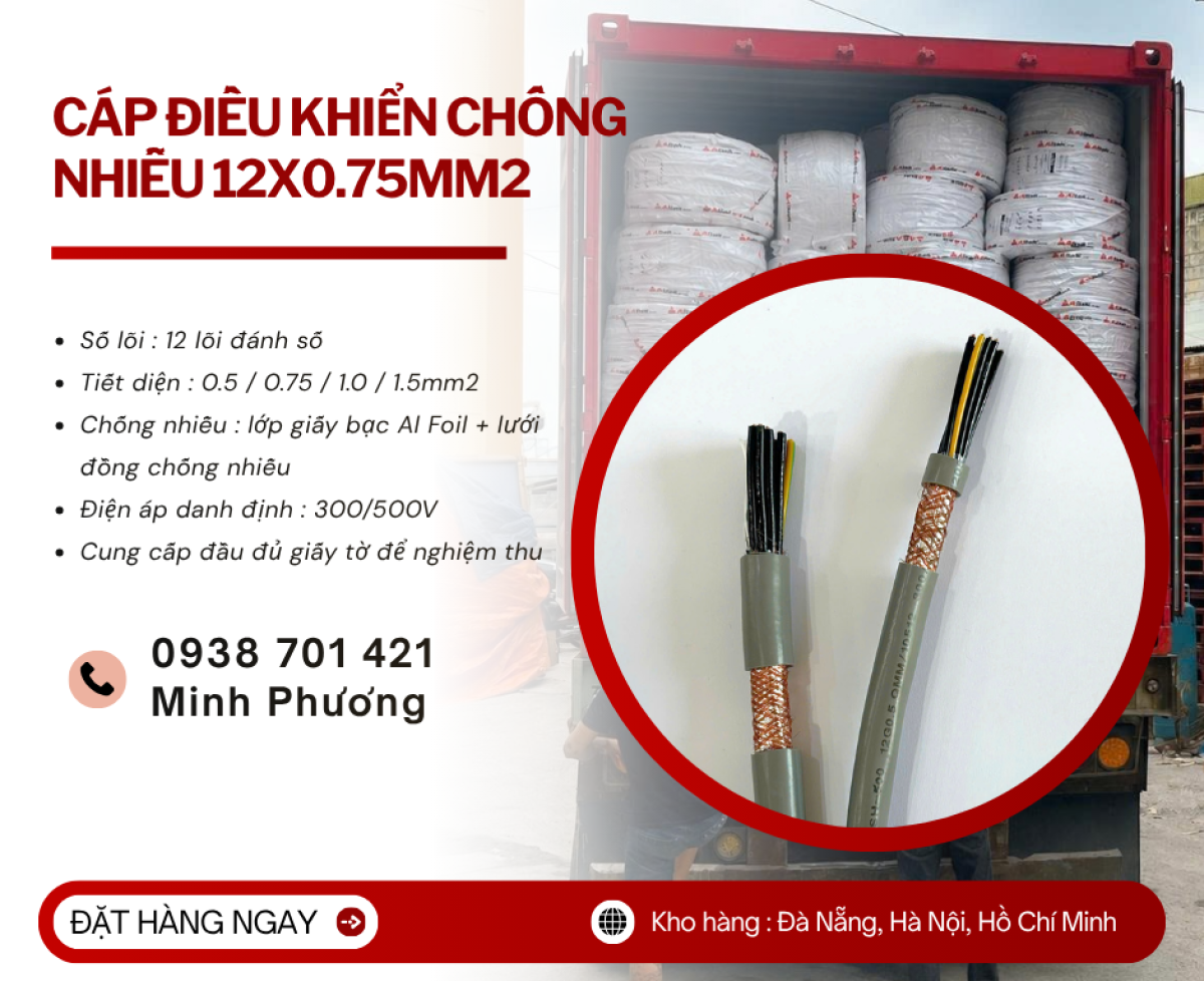 Cáp điều khiển 12 lõi chống nhiễu giá tốt Bình Định, Phú Yên, Khánh Hòa, Huế