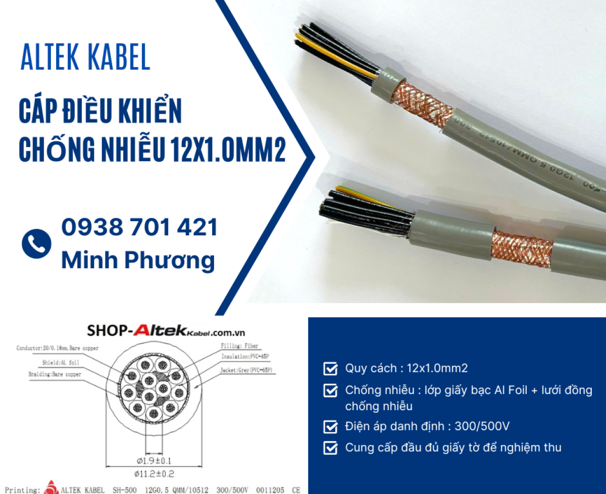 Dây cáp điều khiển có lưới chống nhiễu 12x1.0mm2 Altek Kabel Đà Nẵng, Huế