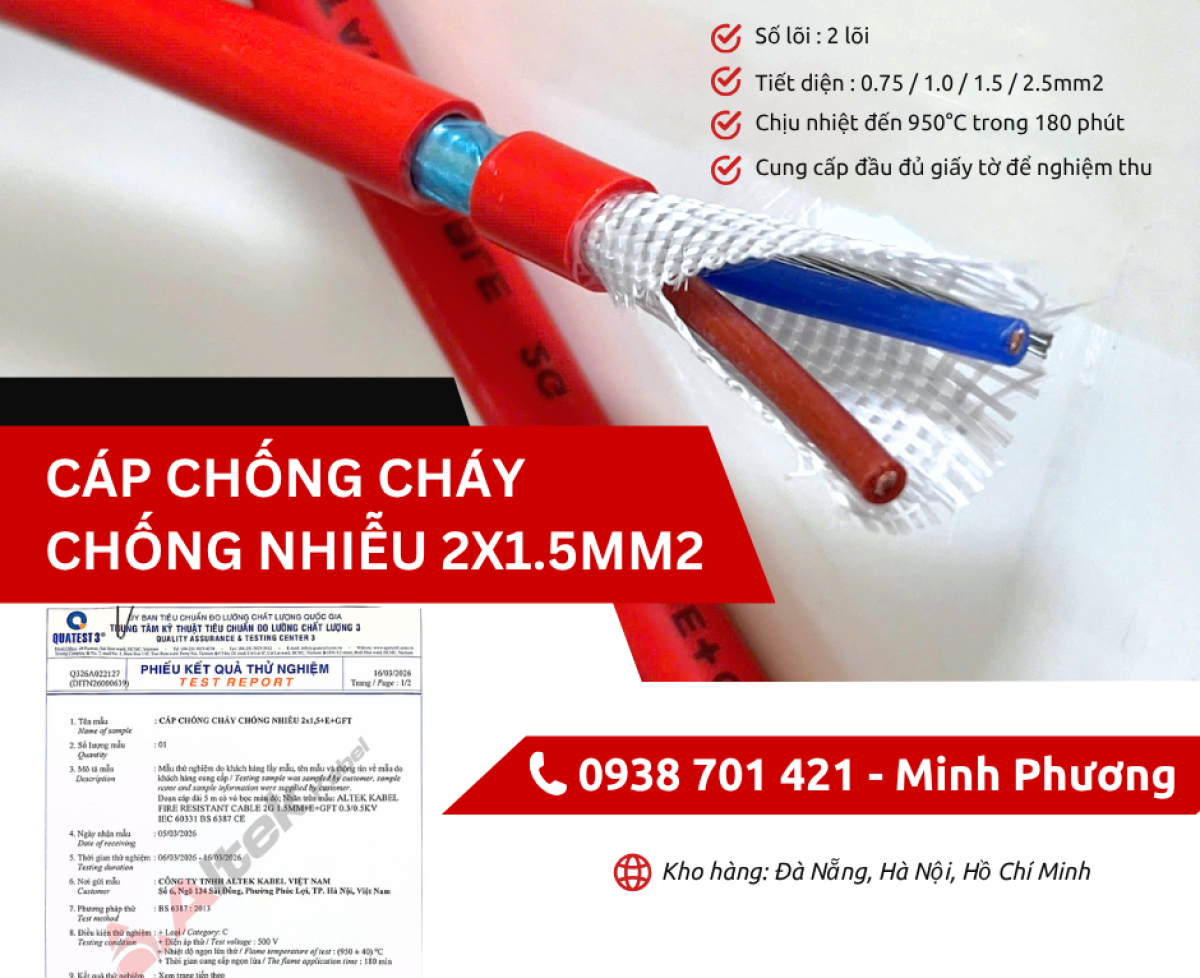 Cáp chống cháy chống nhiễu 2x1.5mm2 chính hãng Đà Nẵng, Hà Nội, Quảng Ngãi