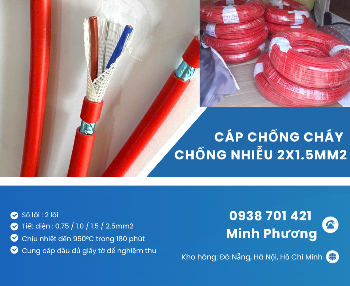 Cáp chống cháy chống nhiễu 2x1.5mm2 chính hãng Đà Nẵng, Hà Nội, Quảng Ngãi