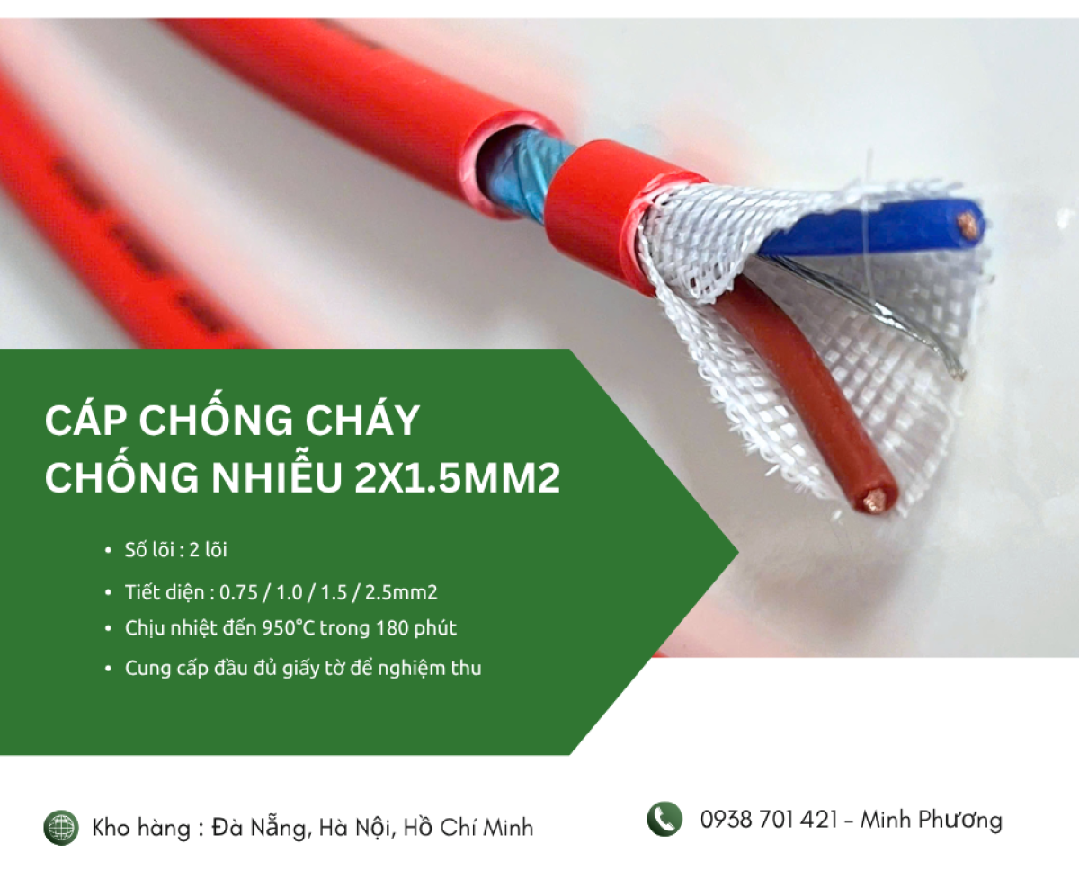 Cáp chống cháy chống nhiễu 2x1.5mm2 chính hãng Đà Nẵng, Hà Nội, Quảng Ngãi