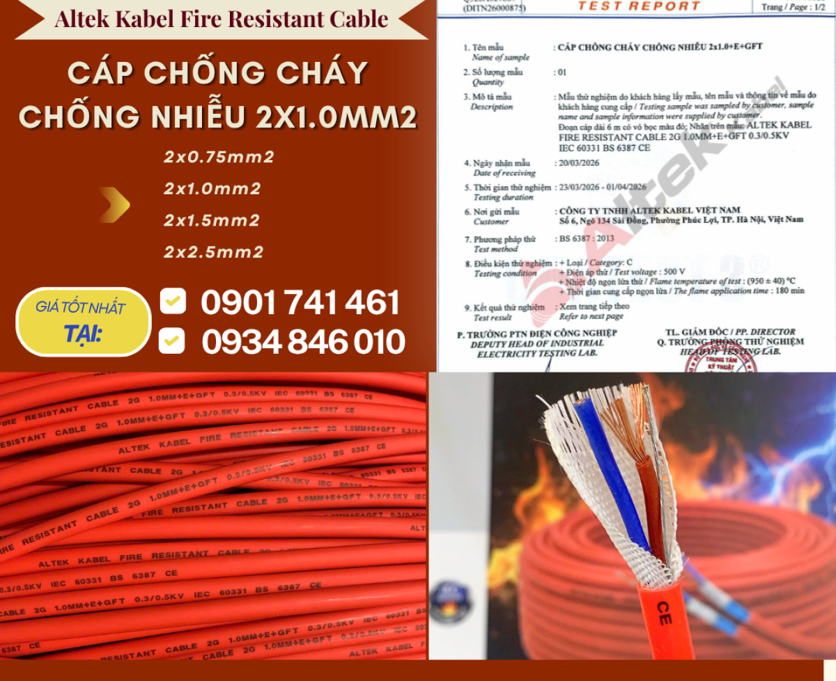 Cáp báo cháy 2x1.0 chống cháy, chống nhiễu sẵn Đà Nẵng, Huế, Quảng Trị
