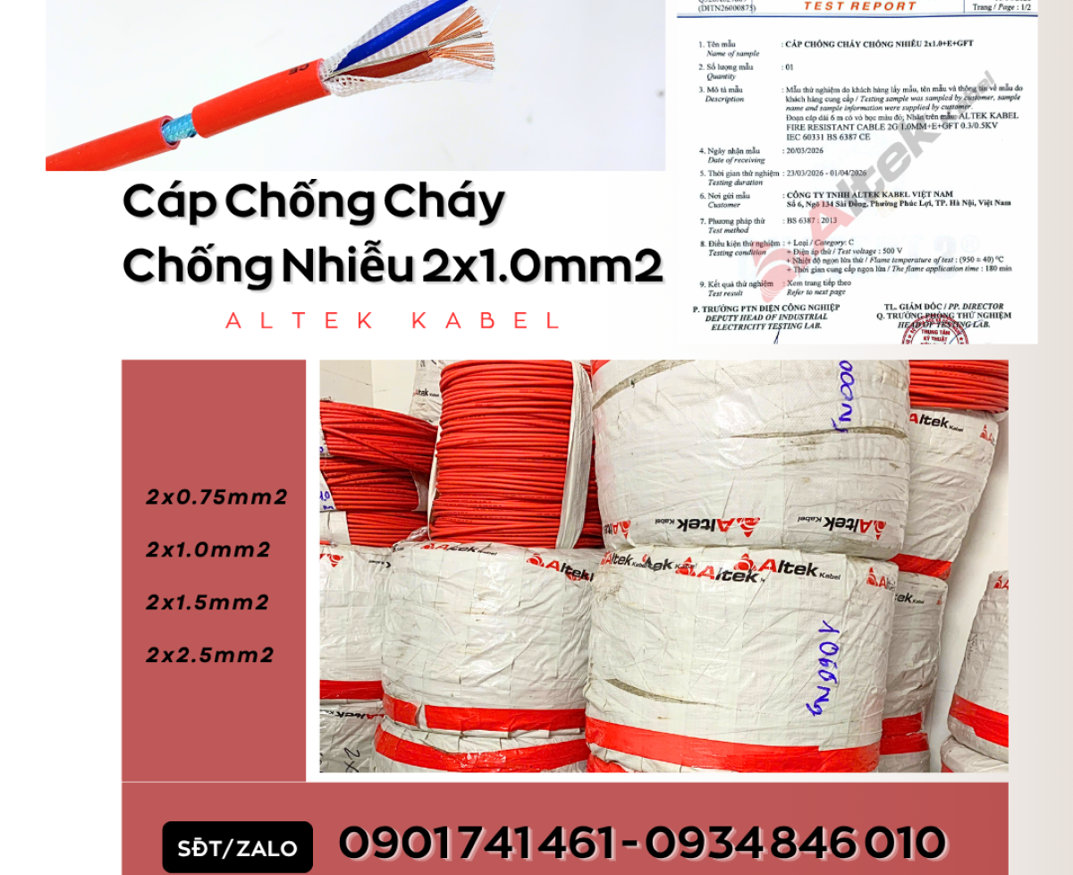 Cáp báo cháy 2x1.0 chống cháy, chống nhiễu sẵn Đà Nẵng, Huế, Quảng Trị