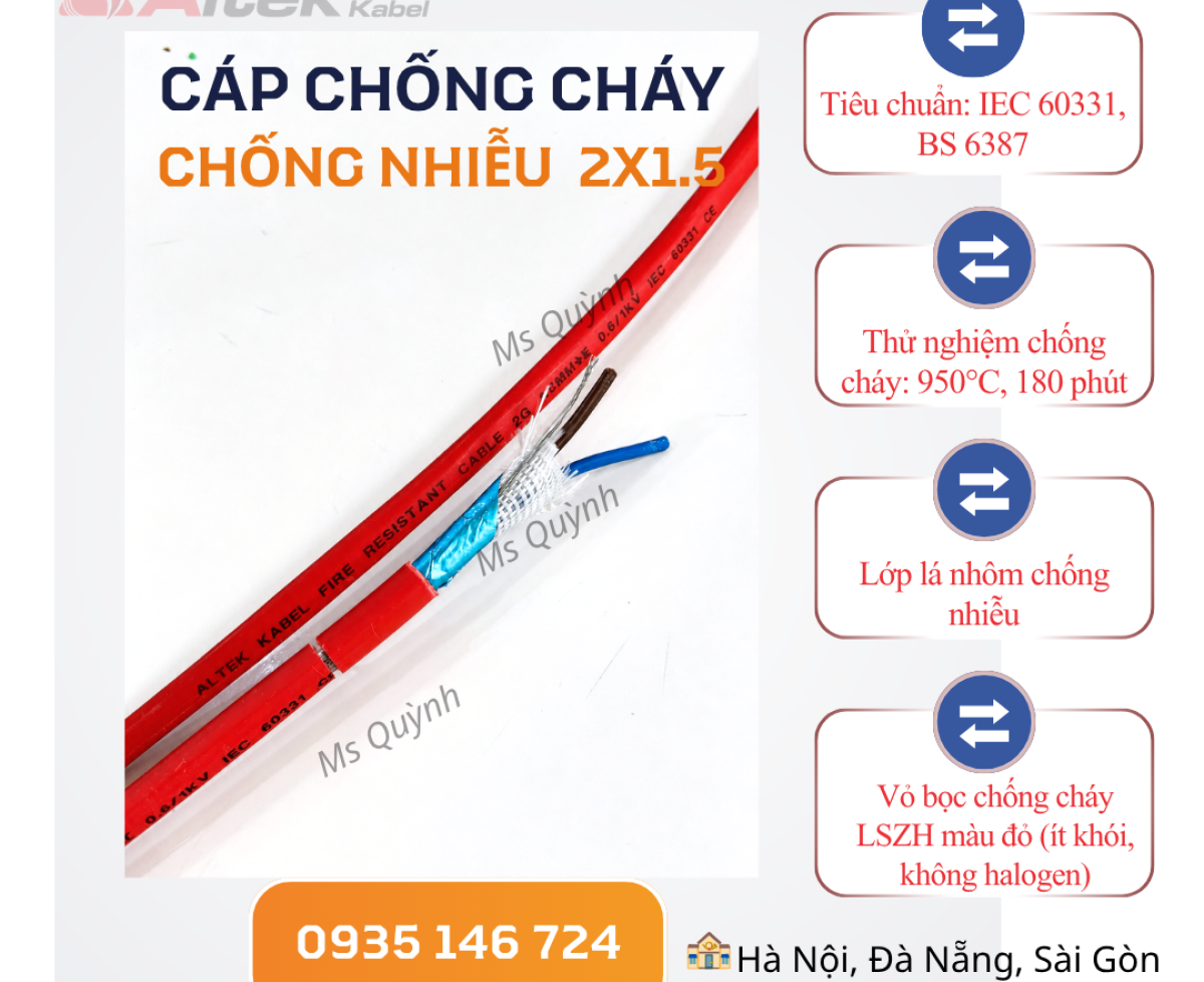 Cáp chống cháy chống nhiễu 2×1.5 Altek Kabel 180 phút