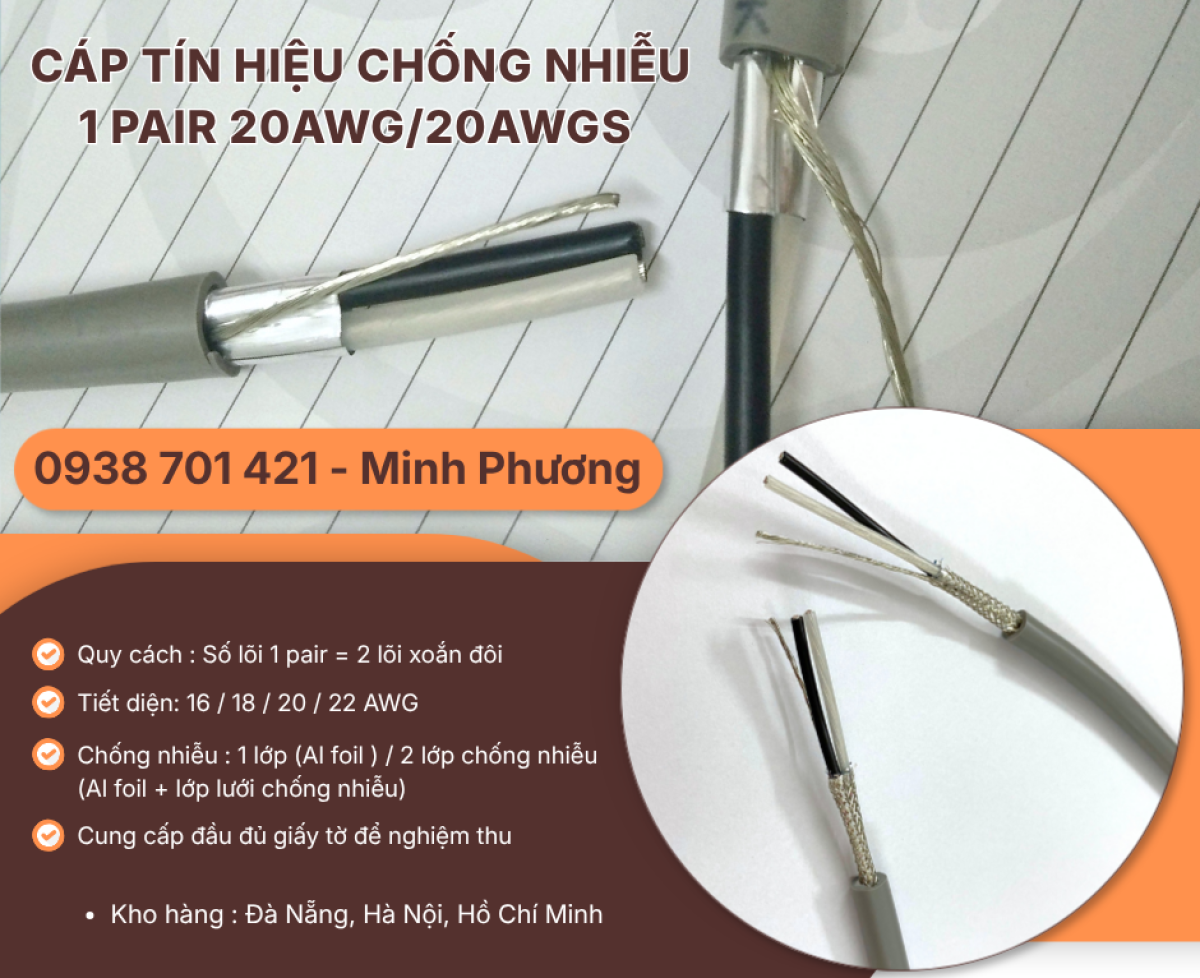 Cáp tín hiệu chống nhiễu 1 Pair 20AWG/20AWGS – Hàng sẵn kho, giá tốt Đà Nẵng, Huế